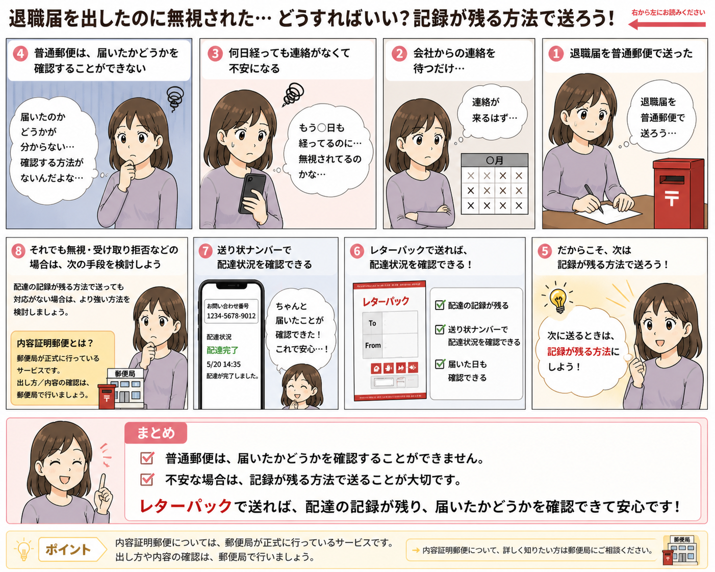 退職届を普通郵便で送った後に会社から連絡がなく、不安になった人が、記録が残る方法としてレターパックを検討する漫画